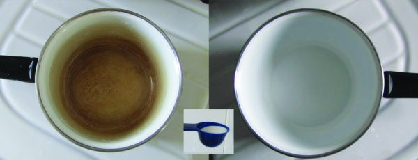 Photos d'une casserole dont le fond est jaunis par du thé puis après avoir été nettoyée avec du percarbonate de soude