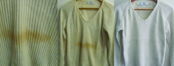 Photo d'un pull blanc jauni et apres avoir été nettoyé avec du percarbonate de soude